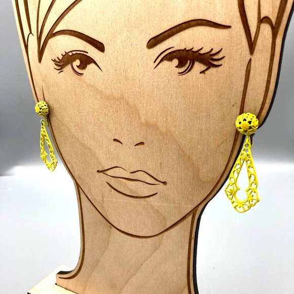 Summer Spritz Filigree Dangle Earrings, Vintage Bright Yellow Enamel Drop Clip - Picture 5 of 5